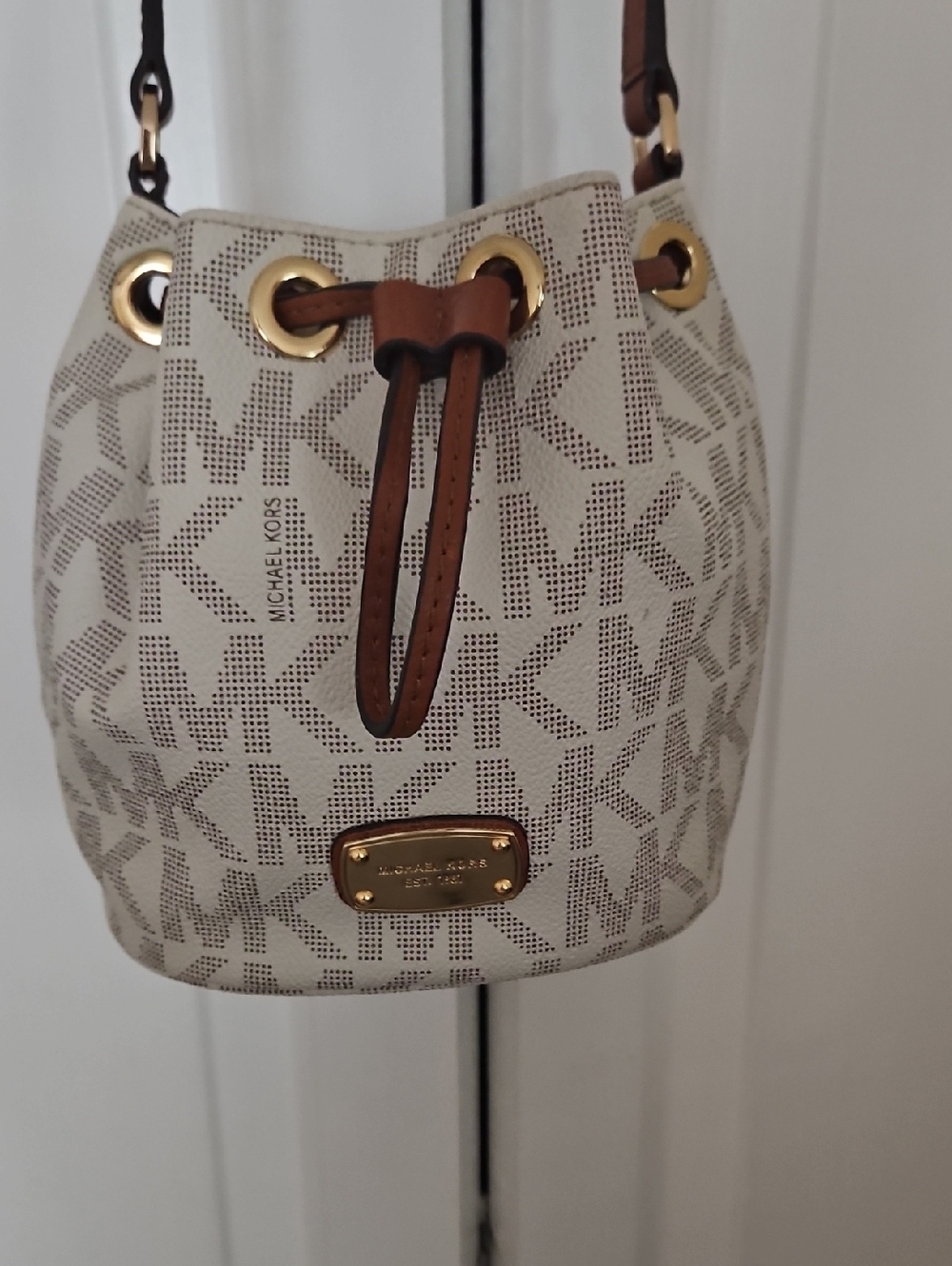 Authentic Michael Kors Cream/White Logo Drawstring Crossbody Bag